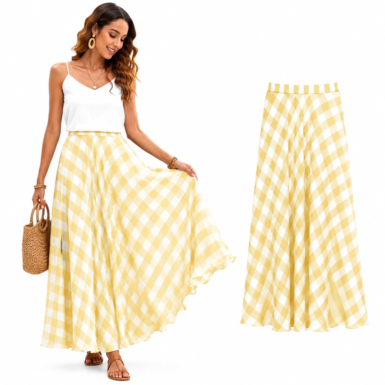 Cemssitu Women's Yellow Boho Skirts For Gingham Plaid Maxi Skirt, Flowy A-Line Elastic Waist Summer Beach Skirt (,S)