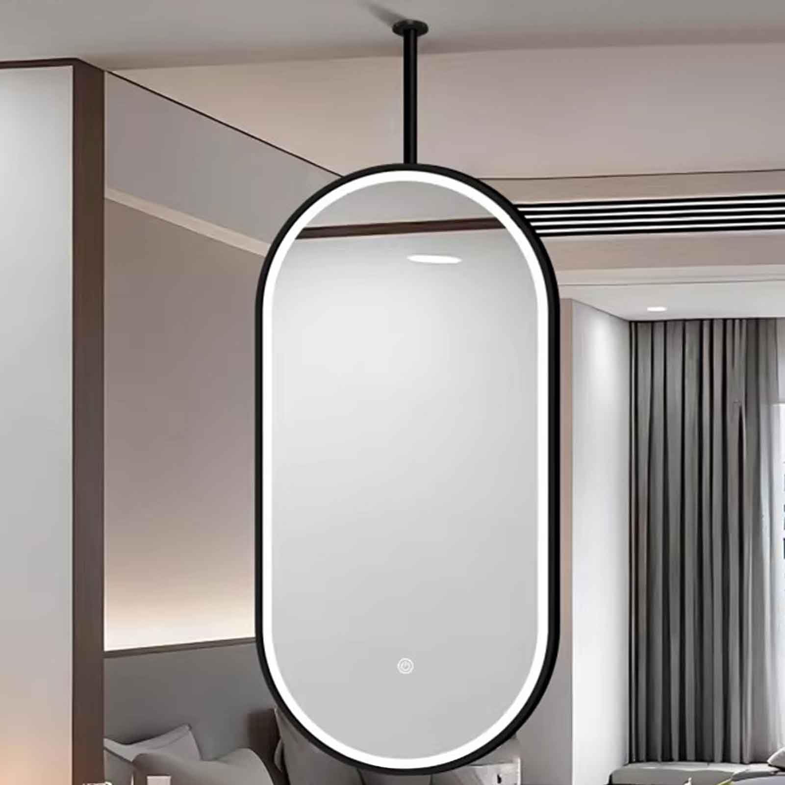 FGXHHS 3 Color Dimmable LED Bathroom Vanity Mirror Black Metal Frame Modern Oval Suspended Makeup HD Clear Shaving Mirror(40cmx70cm)