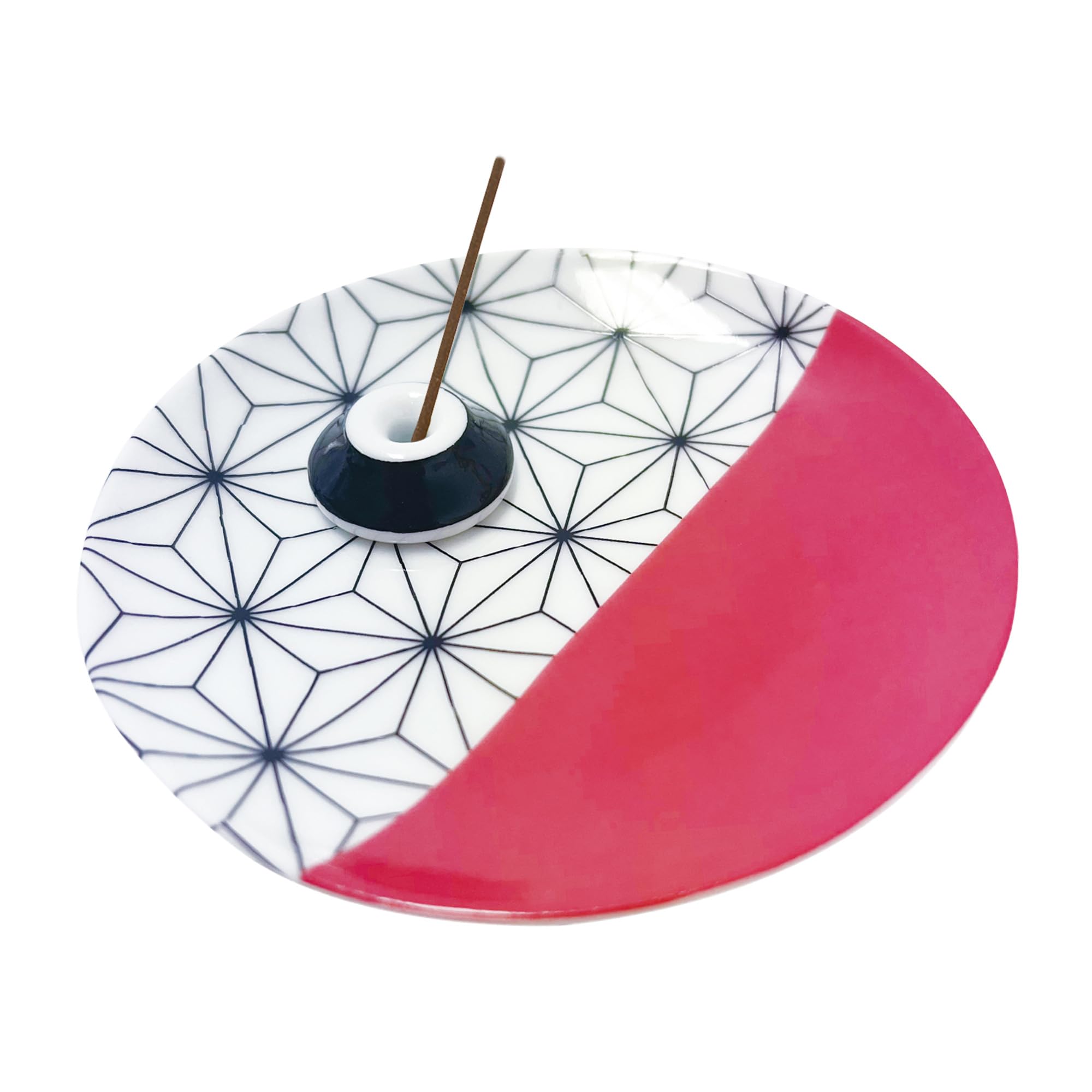 Japanese Arita Ware Incense Plate with Holder - 3.15x0.79 inches, Traditional Wamono Design, Porcelain 小紋柄香皿 (Hemp Leaf Pattern)