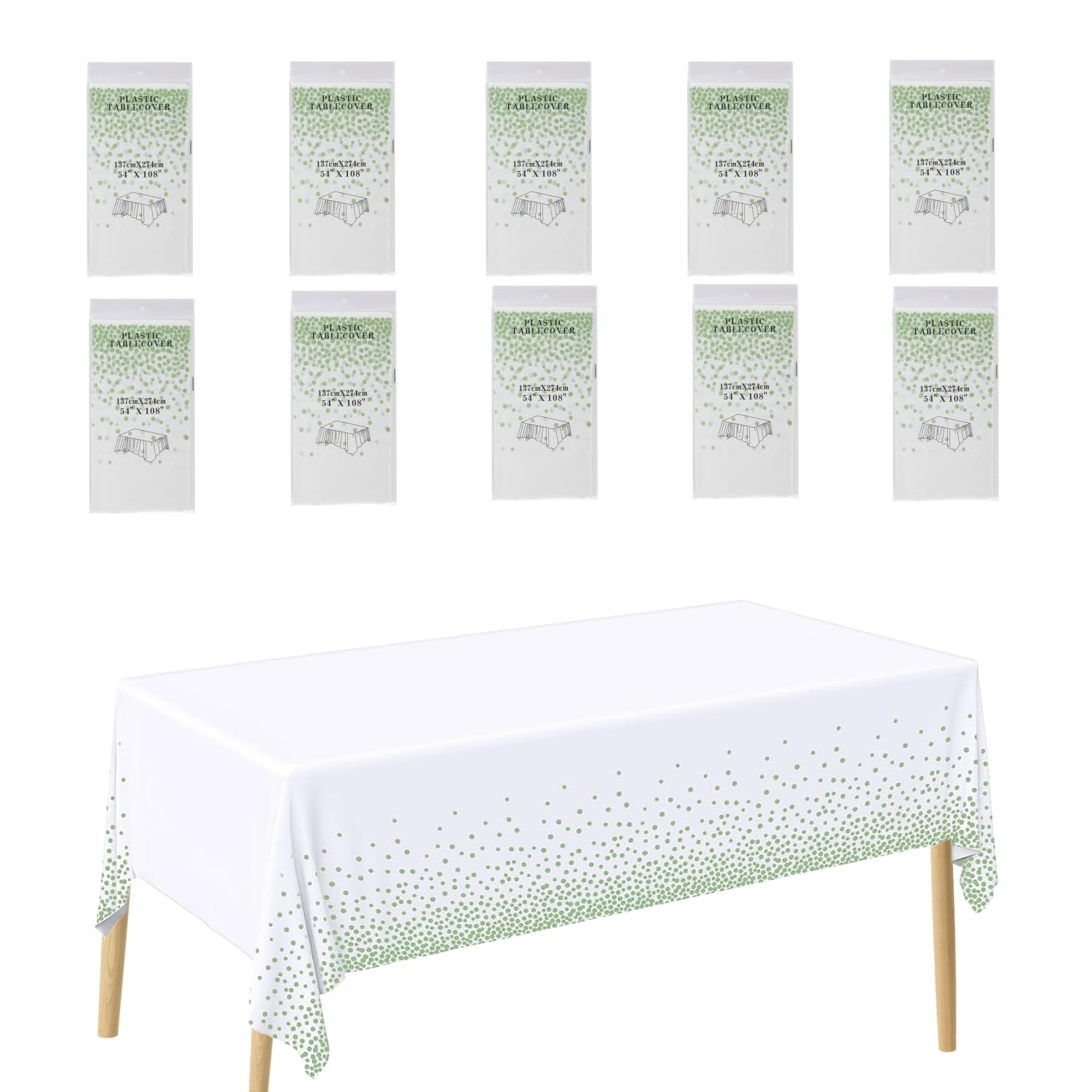 CEILIWEN 10 Pack Rectangular Plastic Tablecloths, White & Green Party Table Covers (274x137cm)