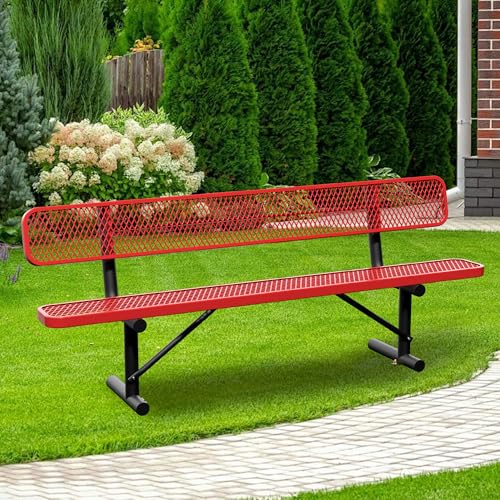 Image of 8FT Park Bench for Outside Heavy Duty Metal Mesh Bench with Back Portable Frame, Commercial Steel Bench Outdoor Garden Benches for Lawn, Park, Deck, Garden, Patio, Porch (Red, 8FT)