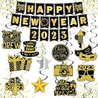 13PCS New Years Eve Decorations 2023, Black & Gold Happy New Year Banenr/Happy New Years Hanging Swirl, Happy New Year Hanging Swirl Decorations for Ceiling Indoor Outdoor