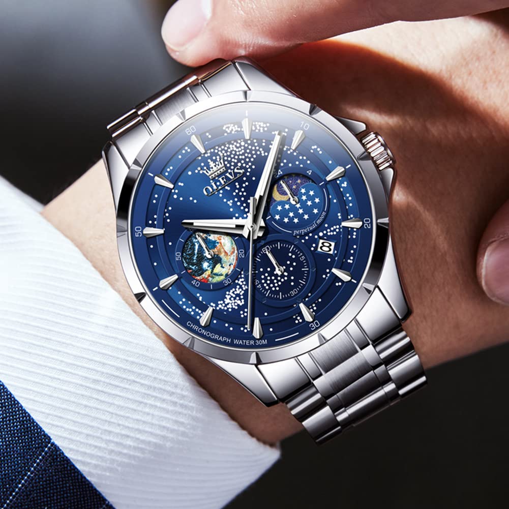 OLEVS Montre pour homme avec cadran à quartz analogique et motif ciel étoilé et lune - Étanche et lumineuse, Bracelet argenté cadran bleu, Montres à quartz