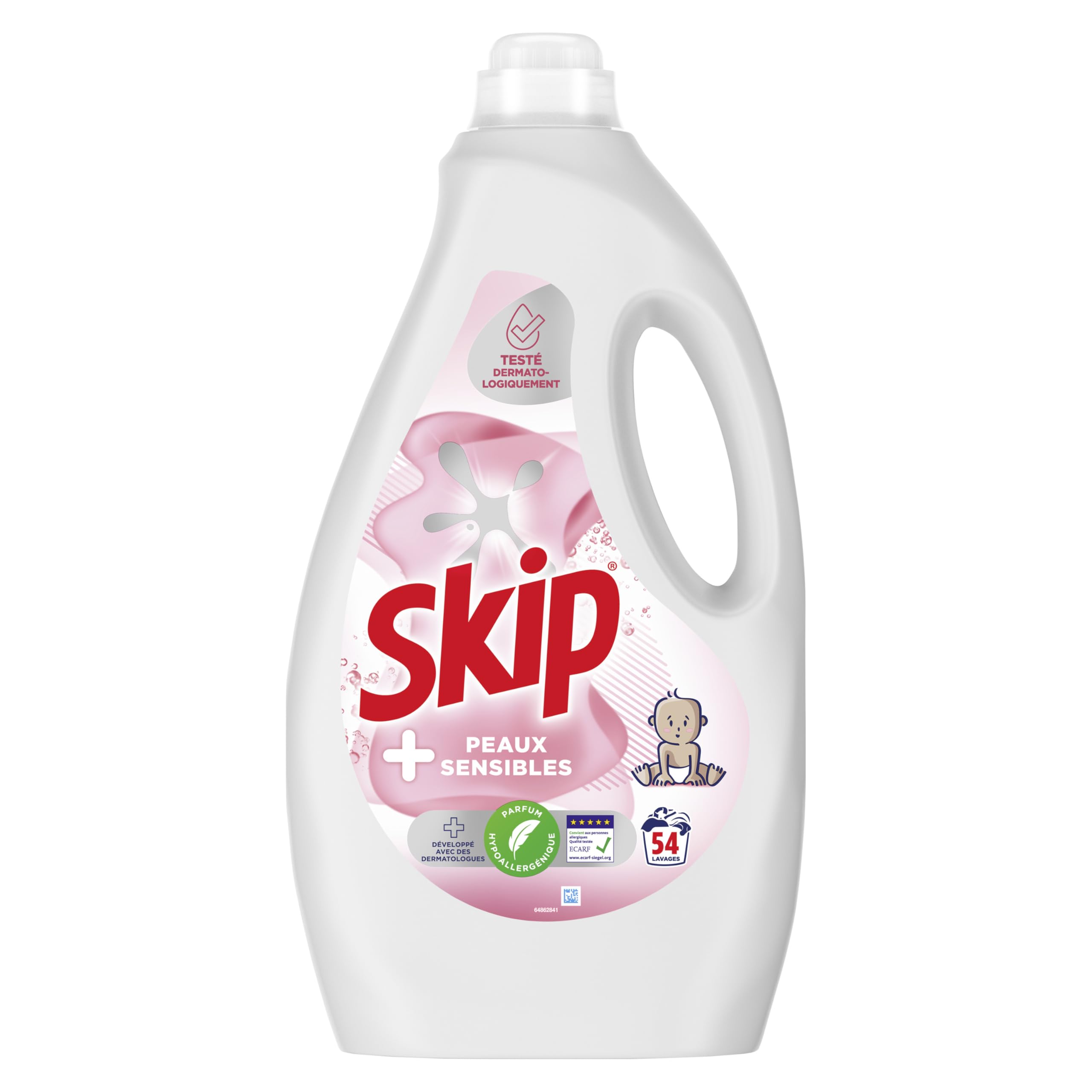 Skip - Lessive Liquide Peaux Sensibles - Contre les taches tenaces - Parfum léger et agréable - Testée dermatologiquement - 2x54 Lavages