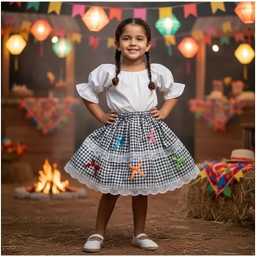 Saia Infantil Festa Junina São João Quermesse Quadrilha Caipira Fogueira Xadrez Vermelho Três Camadas Babados Fantasia Saia Festa Junina Quadrilha Caipira Infantil São Joao