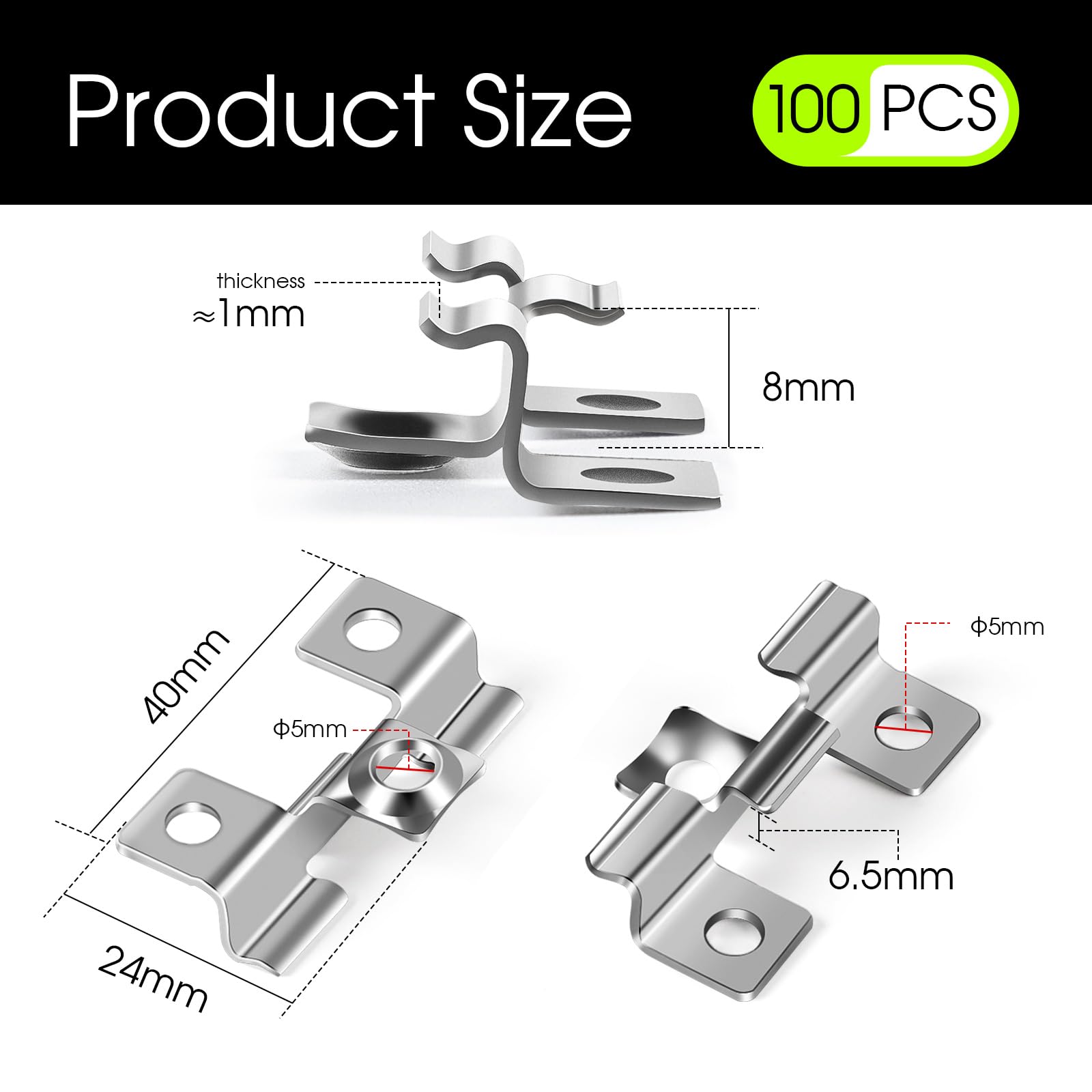 100 Clips de acero inoxidable para wpc Sujeción de acero inoxidable para suelos 6,5mm para suelos compuestos Fijación oculta Clips de fijación de acero Rango de sujeción 6,5 mm, Plata