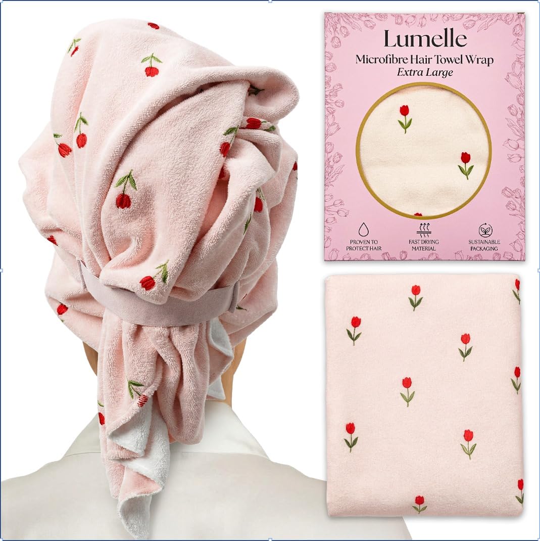 Lumelle XL Microfibre Hair Towel Wrap for Women – Ultra Absorbent Microfiber Towel for Wet, Curly, Long or Short Hair – Quick Dry, Anti-Frizz Hair Wrap, 40x24 inches (Pink)