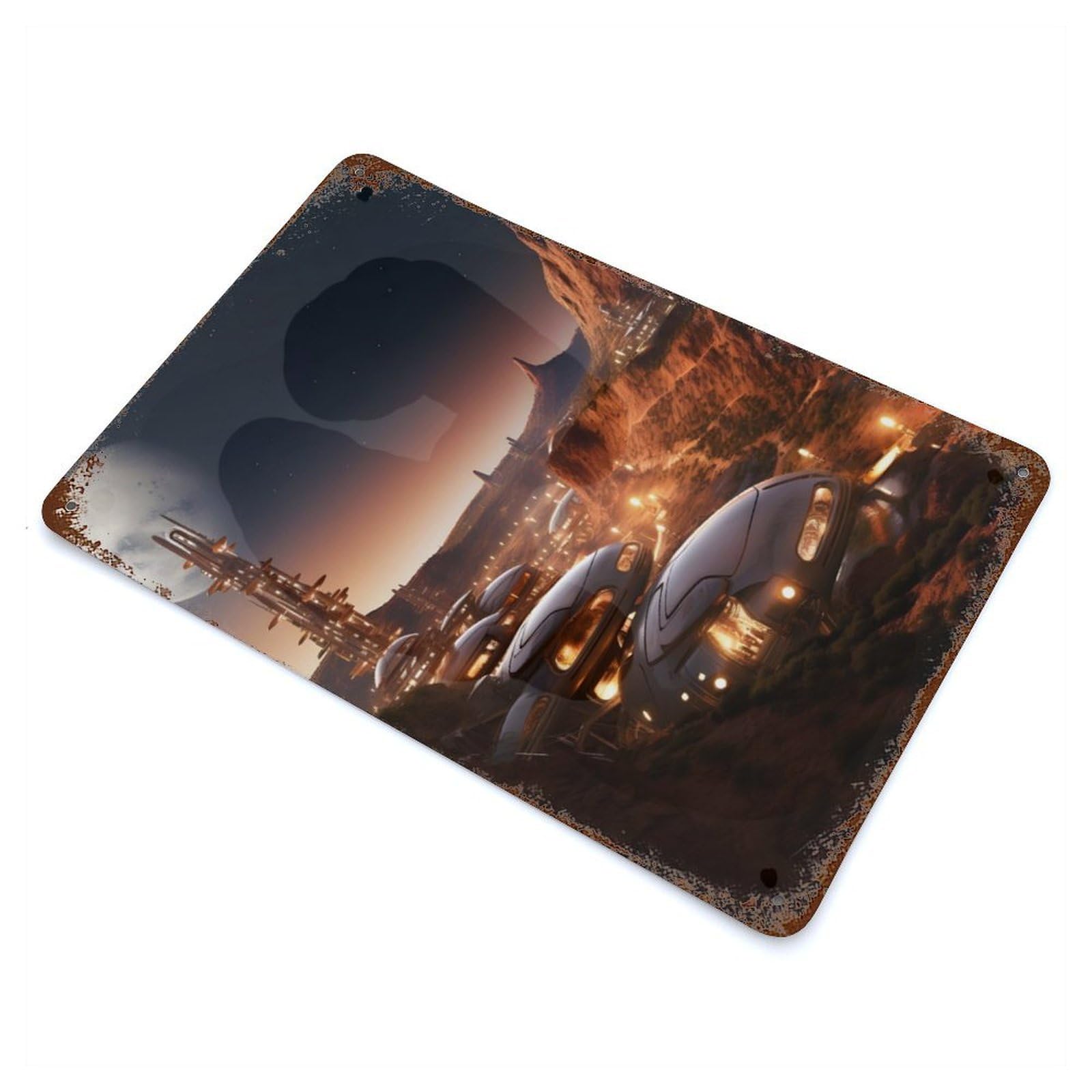 Futuristic City on Mars Decorative Tin Sign 11.8"x7.9", for Bistro, Counter And Cafe Decor, Retro Wall Decor