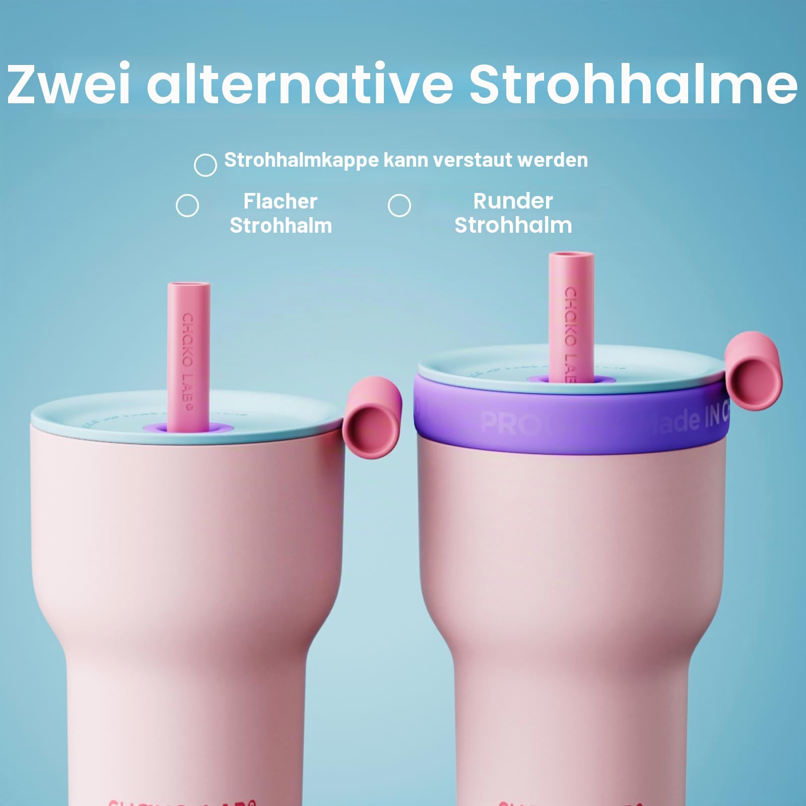 CHAKO LAB Isolierflasche aus Edelstahl | Doppelschichtiger Becher mit Glas- und Edelstahl-Innenbehälter | BPA-frei auslaufsichere Thermoskanne | 600ml Flasche mit zwei Strohhalmen | Rosa & Lila