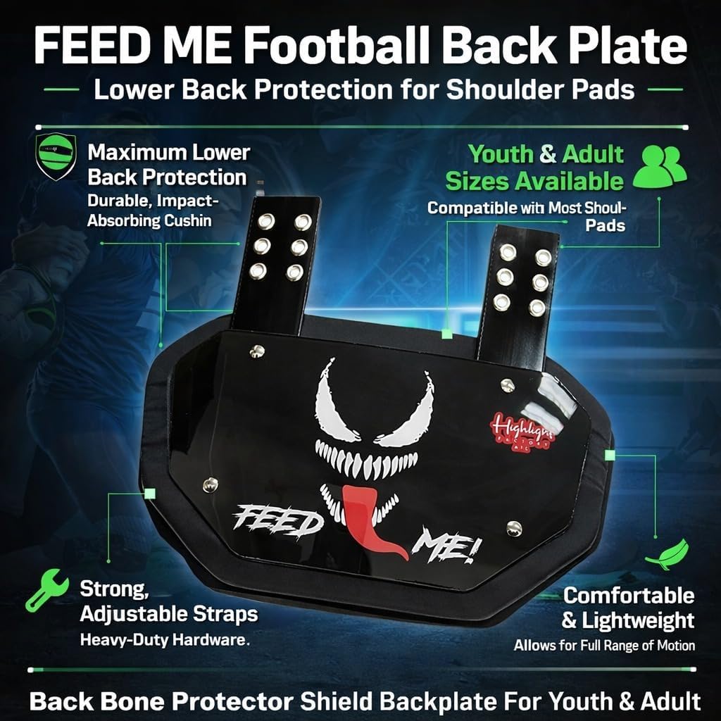 Feed Me Chrome Football Back Plate - Lower Back Protection for Shoulder Pads - Back Bone Protector Shield Backplate for Youth & Adult