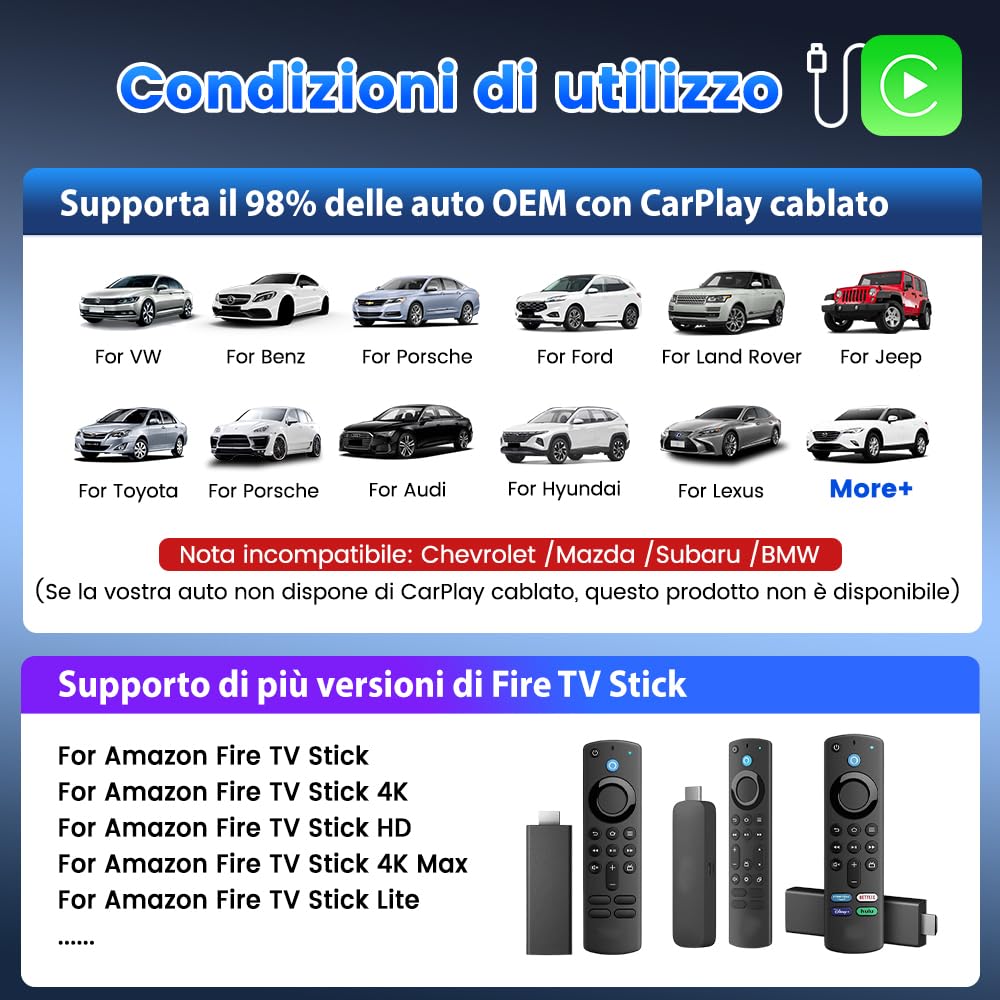 Carlinkit Fire DriveLink Adattatore HDMI - converte CarPlay per Fire TV Stick Streaming, ingresso HDMI per Netflix, YouTube, TikTok e altro