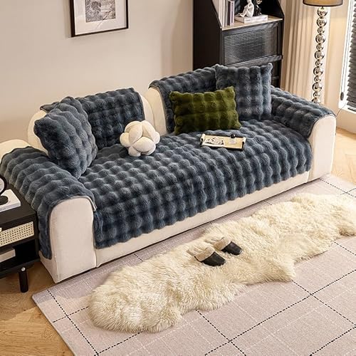滑り止め加工の超ソフトファーファブリックソファカバー、ふわふわで心地よいソファカバー、セクショナルソファ対応・洗濯機洗い可能、ペット&子供向け多用途家具プロテクター(Blue-Gray,45*45cm)