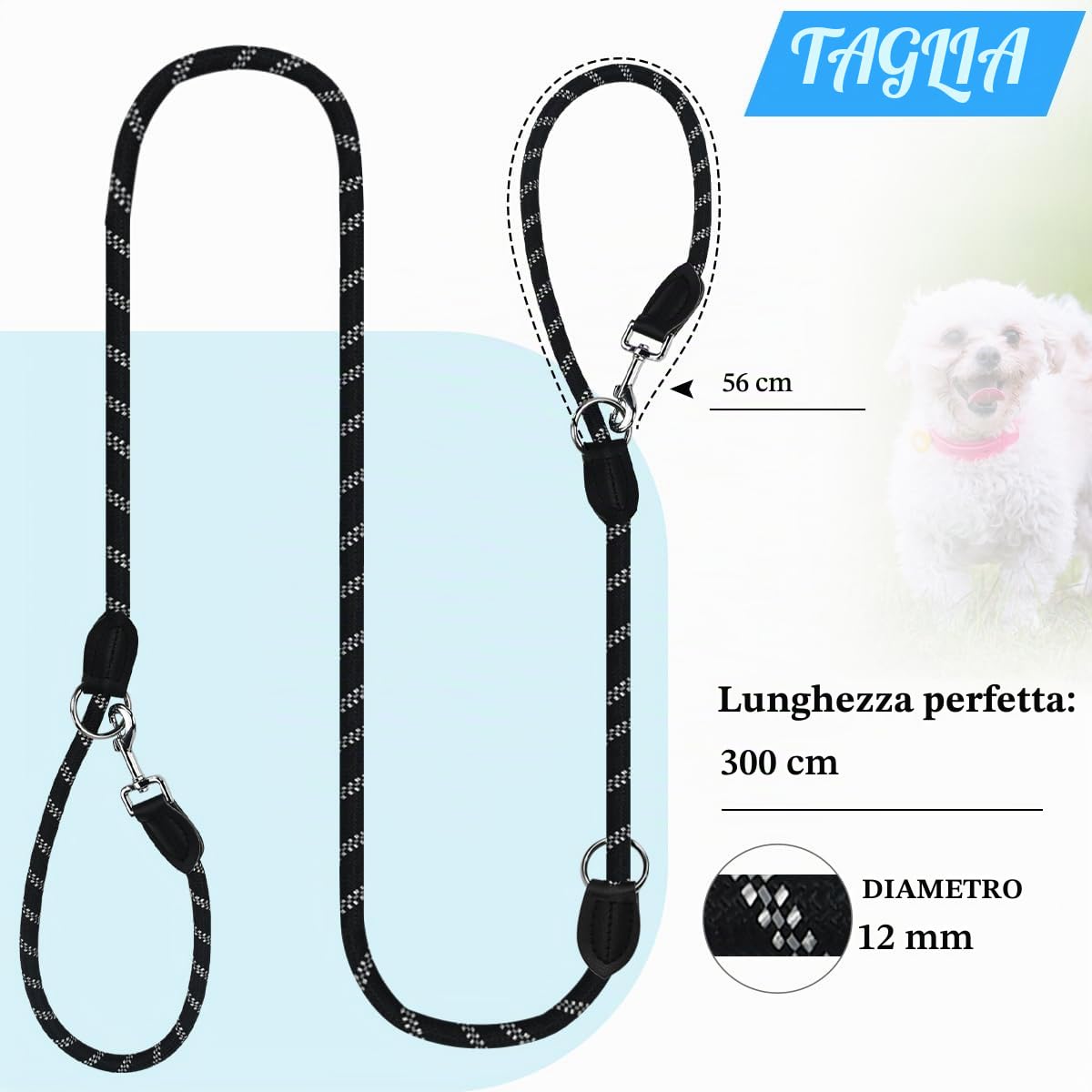 Guinzaglio per Cani, 300cm Guinzaglio Regolabile per Cani Riflettente | Multifunzionale Riflettente Doppio Guinzaglio in Nylon con 2 Moschettoni e Borsa Portaoggetti, Tutti i Cani