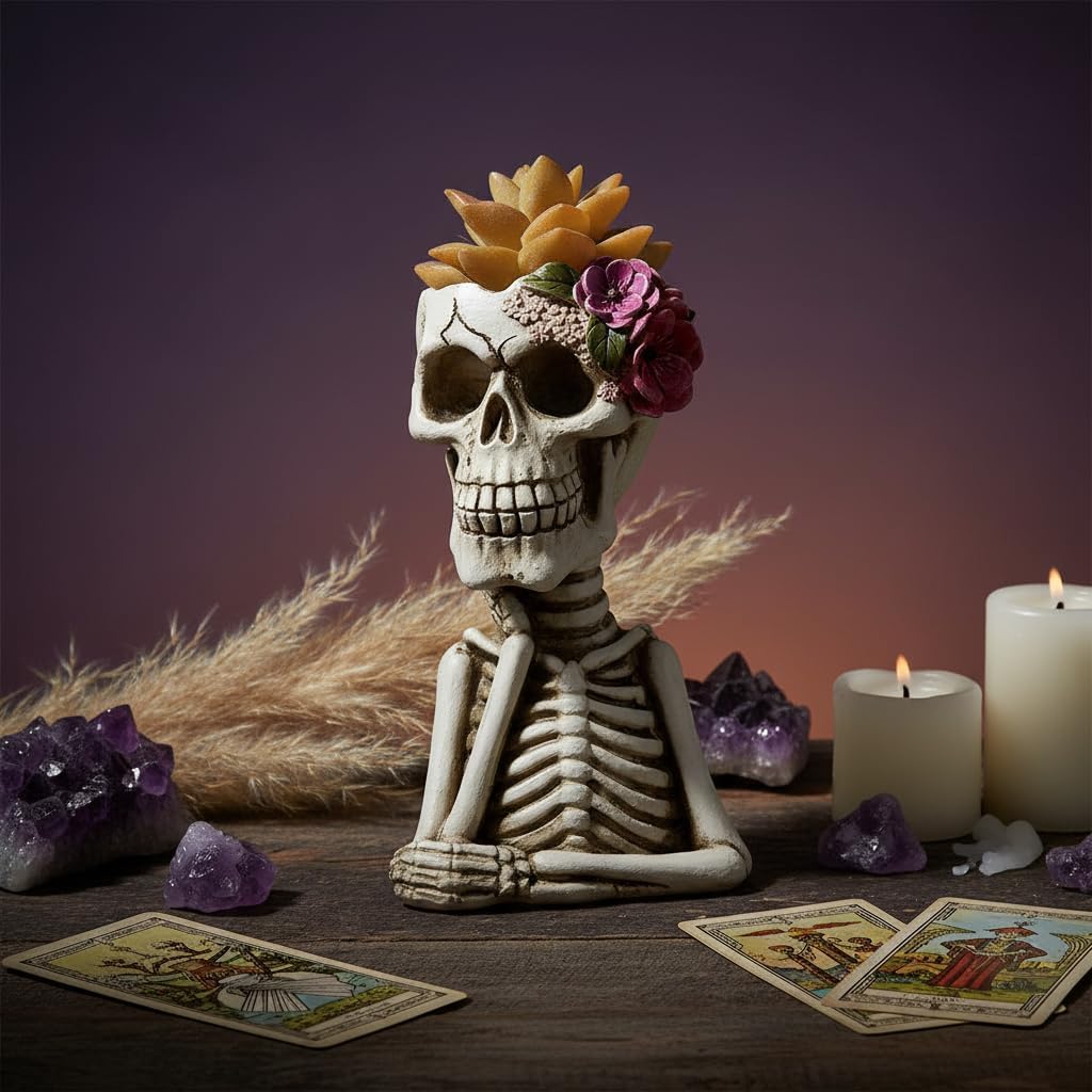 Skull Fake Plants Statue Decorations, Planter Pots with Artificial Succulents, Faux Indoor Plants for Home Decor, Desk Ornament, Handmade Resin Skeleton Statue, Unique for Women