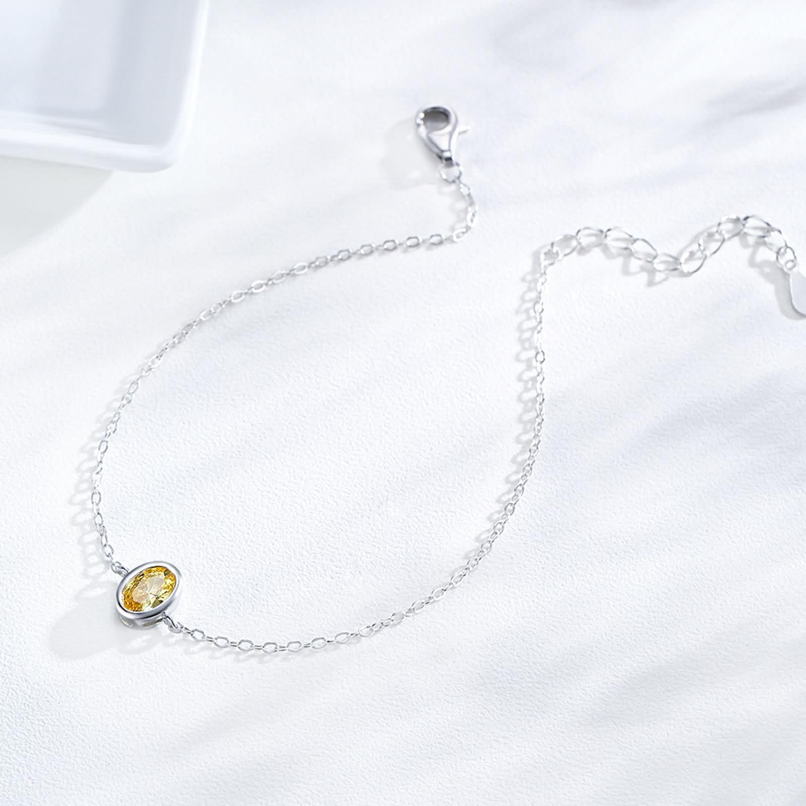Donna Bracciali Catena Oro Bianco 9 K / 14 K / 18 K 750, Ovale con Citrino da 1 ct, Regolabile 16 CM + 5 CM, Bracciale da Donna Giallo Argento