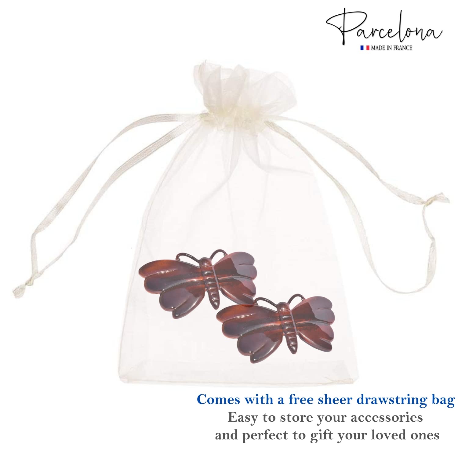 Parcelona French Cute Butterfly Tortoise Shell Brown Small 2 3/4” Celluloid Set of 2 Hair Clip Barrettes for Women and Girls - Image 8