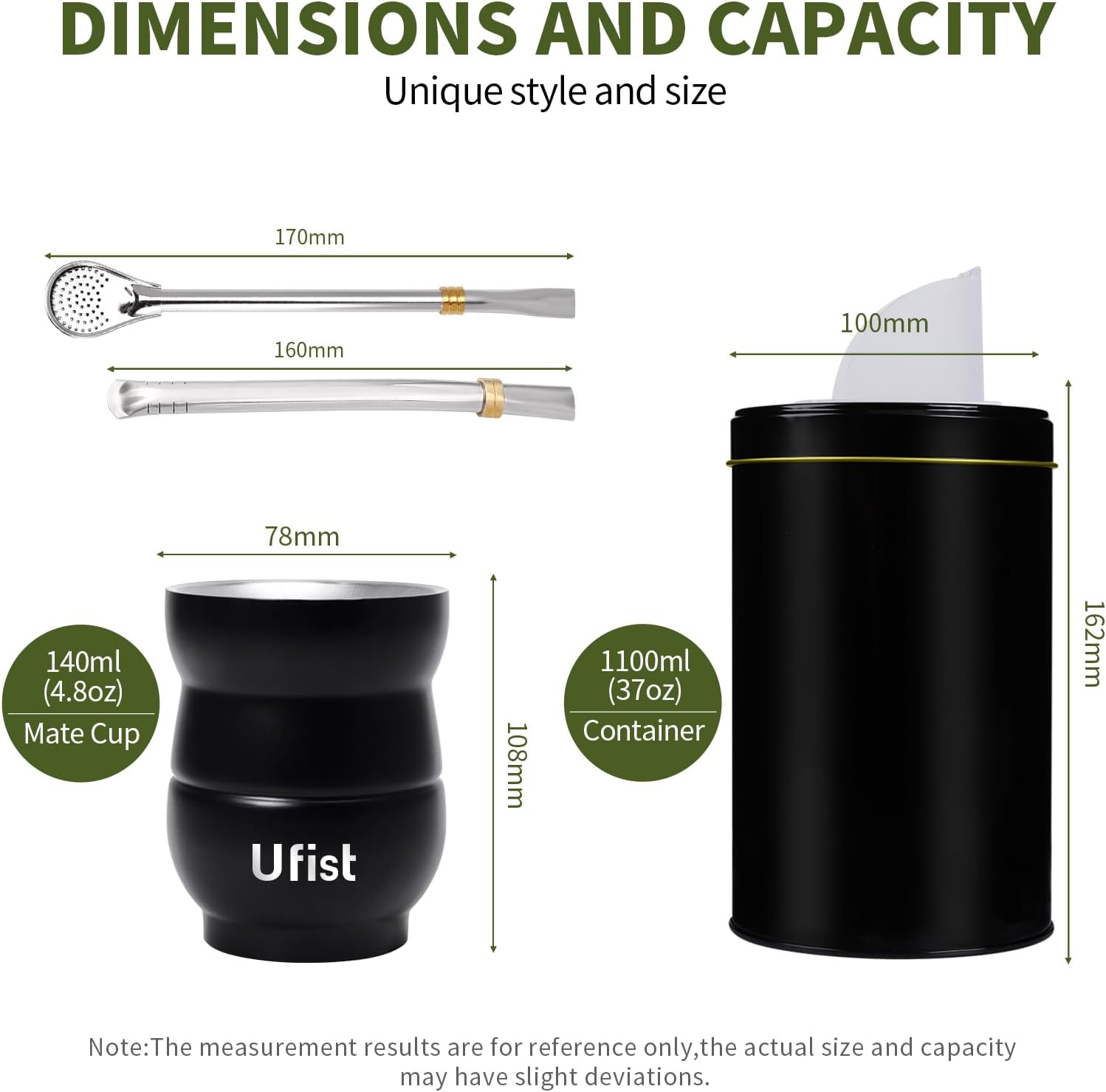 Uruguayan Style Yerba Mate Cup Set, Include 4.8oz Modern Stainless Steel Mate Gourd, 37oz Yerbero, 2pcs Bombilla Straws, Cleaning Brush (Black) - Image 2