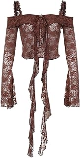 Camiseta Adelgazante de Encaje con Manga de Trompeta y un Solo Hombro, Top Ajustado asimétrico con Dobladillo en Las Orejas para Mujer, Color marrón-M