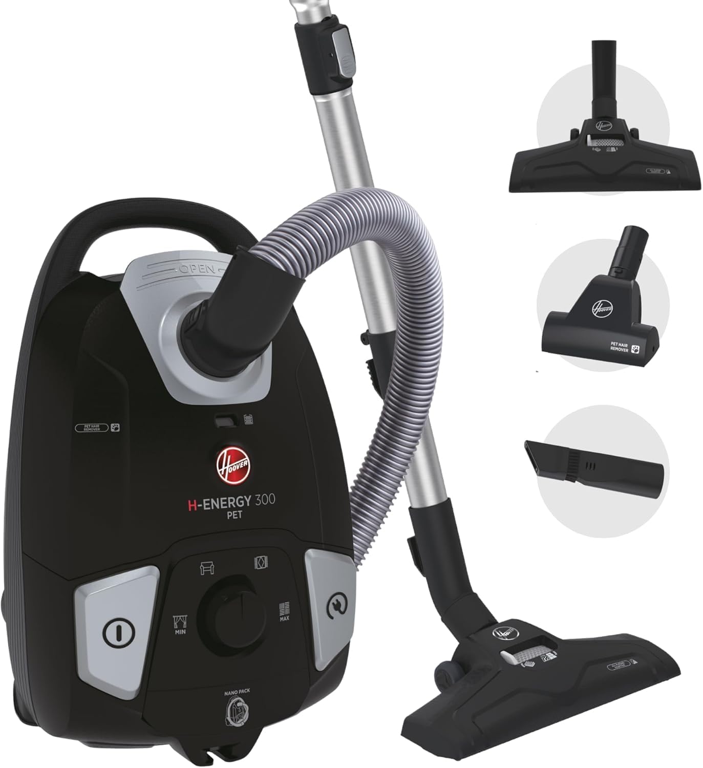 H-ENERGY 300 Pets Cylinder Vacuum Cleaner with Pet Hair Tool - High Performance Small Corded Vacuum, 3.5L Bagged Canister, Hepa Filter, Compact to Store, 850w [HE320PET]