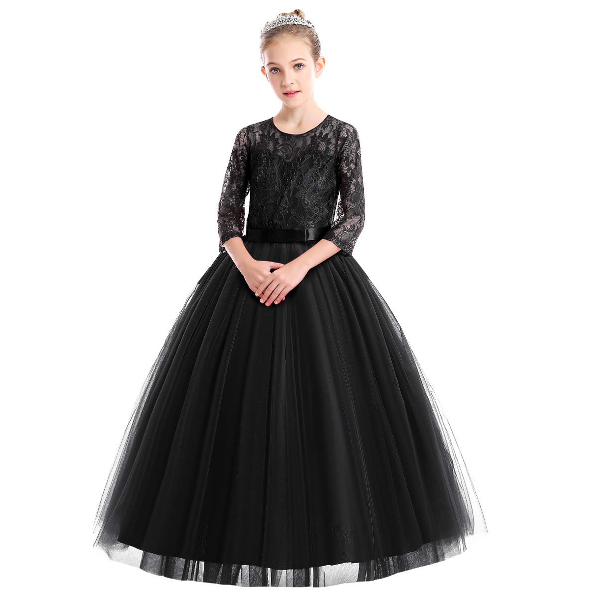 ABEHIK Vestito da principessa per ragazze con fiori in pizzo, abito da principessa, maniche a sette quarti, abito da sera floreale per bambini, in tulle festivo, maxi abito da festa