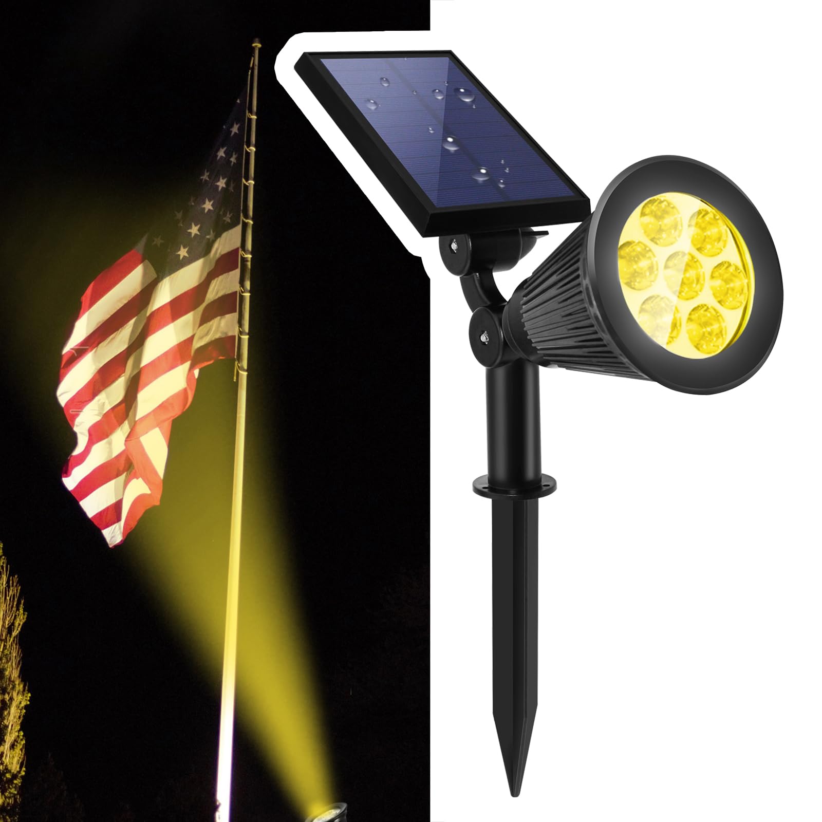 Solar Landscape Spotlights Outdoor, Bright 7-LED Spot Lights, Dusk-to-Dawn Waterproof Solar Powered Flag Pole Lights, Adjustable 2-in-1 Wall/Ground Lighting for Tree House Yard Garden (Warm White)