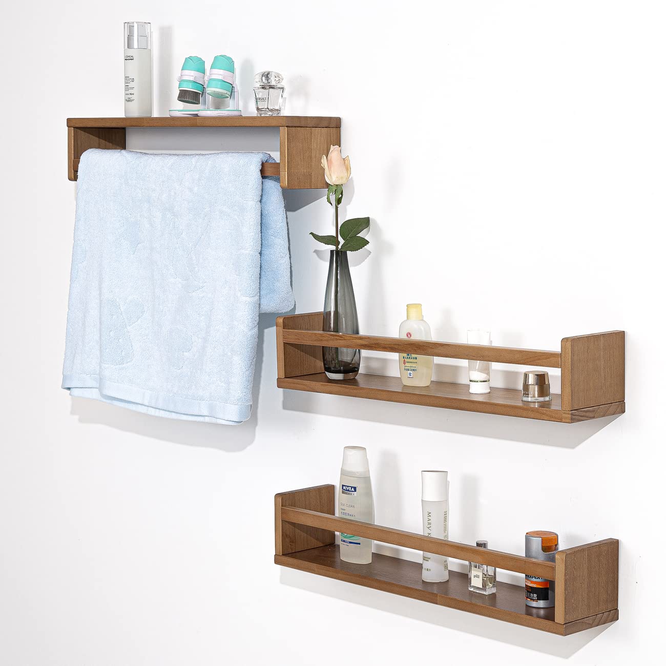 MBYD 24 Inch Nursery Book Shelves Set of 3 Same Dimensions, Handmade Solid Wooden Light Walnut Floating Bookshelf, Wall Shelf to Organize Your Nursery Home, Kitchen, Bathroom