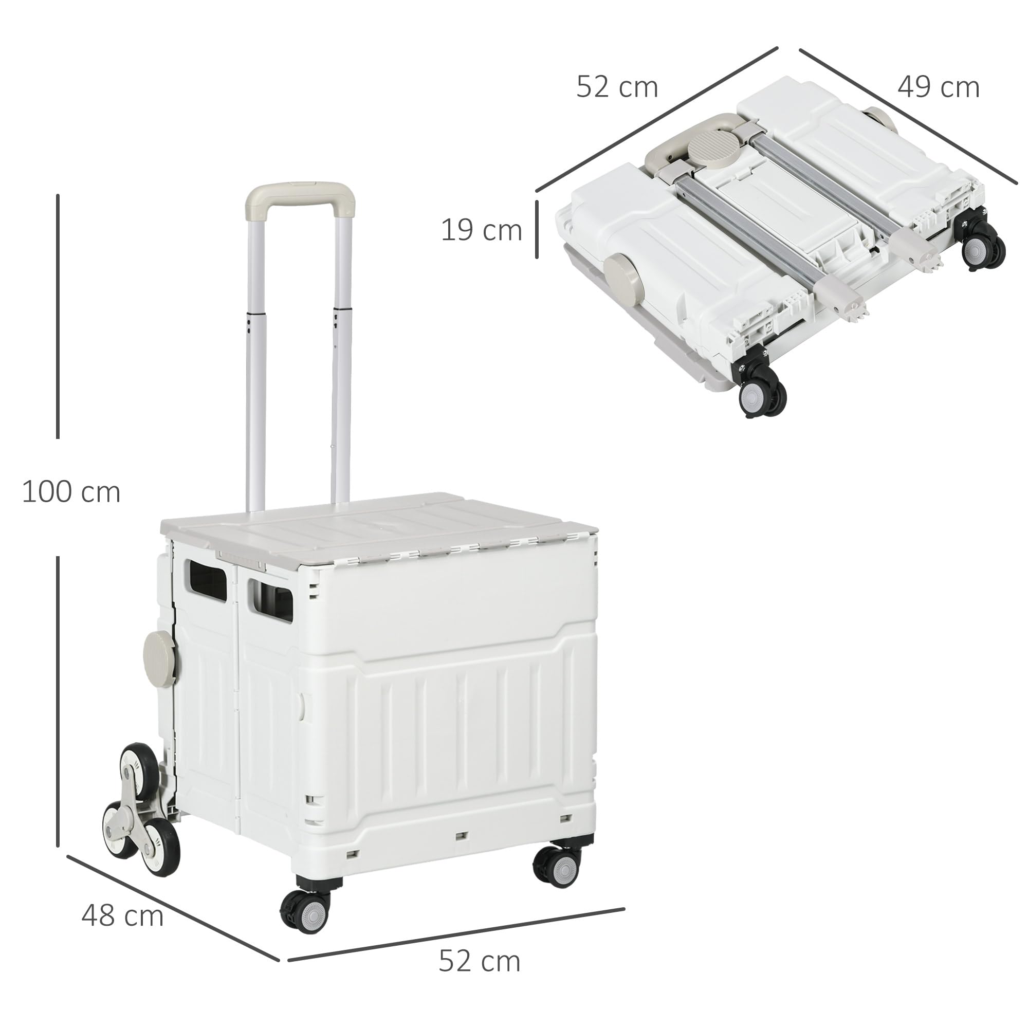 HOMCOM Carrello Spesa Pieghevole con Ruote per Scale e Manico Telescopico, Carrello in Alluminio e Plastica per Spesa e Campeggio, Capacità 80 kg, 51L, 52 x 48 x 100 cm, Bianco