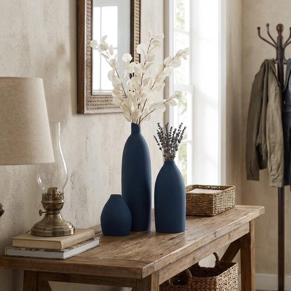 Keramik Vase 3er Set - Moderne Dekorative Vasen, Kleine Blumen Keramik Vase Sets, Boho Bauernhaus Rustikale Vasen für Wohnzimmer, Küche, Schlafzimmer, Badezimmer, Regal, Tisch (Blau)