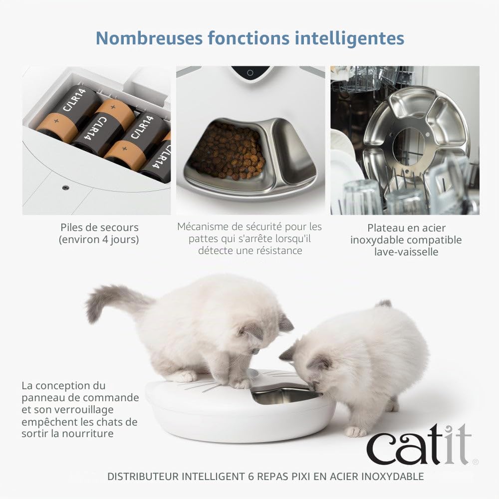 Mangeoire Intelligente 6 portions avec Plateau en Acier Inoxydable pour Chats Catit PIXI