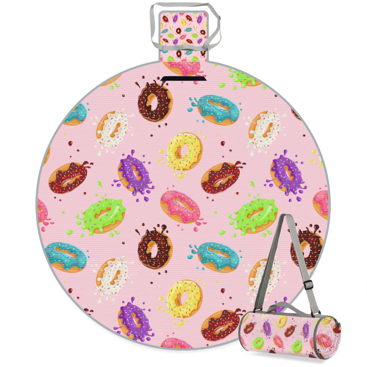 Shimoshe Rainbow Color Donut Picnic Outdoor Blanket Foldable Waterproof Sandproof Beach Blanket Portable Water-Resistant Round Picnic Mat for Travel Camping Park Lawn