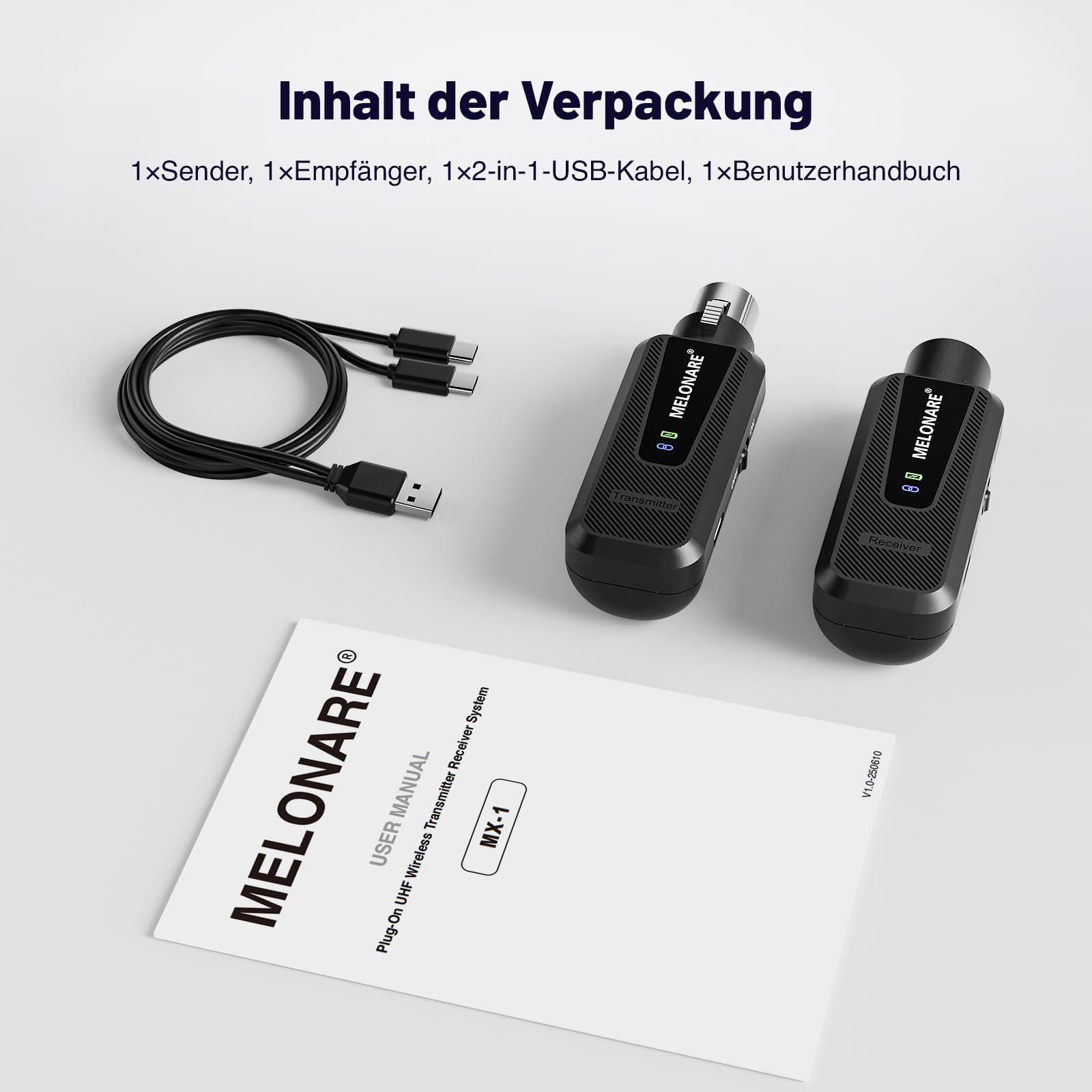 MELONARE Drahtloser XLR Plug On Mikrofon Adapter UHF MX-1 | Drahtloser XLR-Sender und -Empfänger, 50 m Reichweite, 48 V Phantomspeisung, UHF 900 MHz, für Mikrofon, Mixer und PA