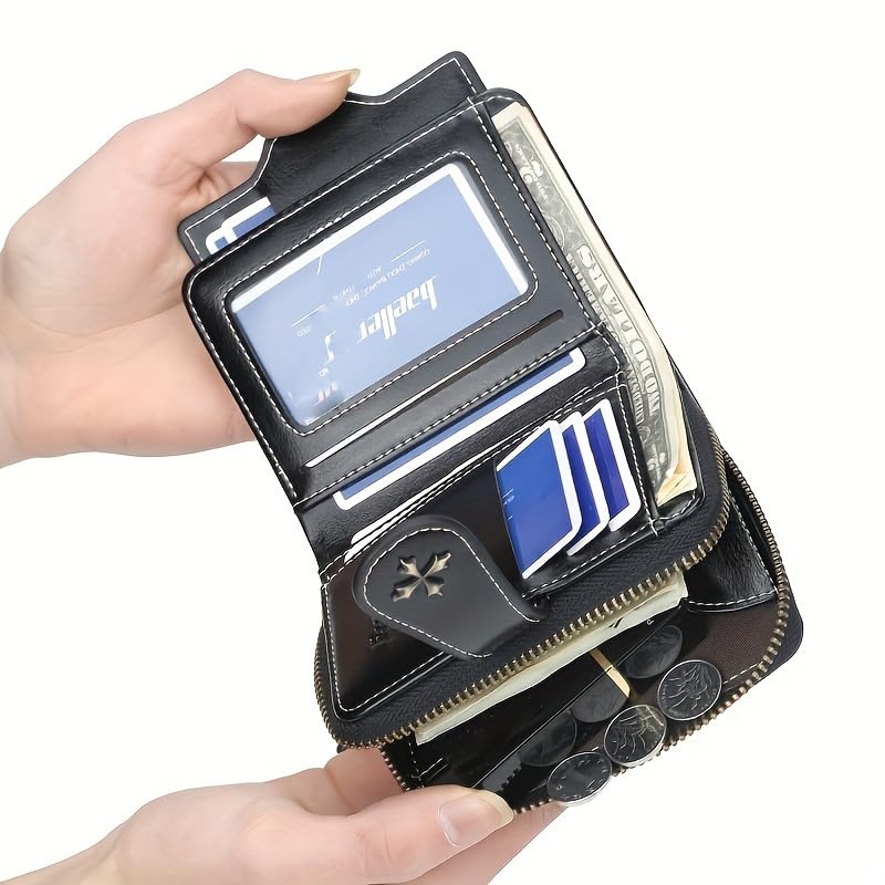 Wallet Women,Chic Mini Wallet for Women with Secure Hasp,Multiple Card Slots & Zipper Coin Pocket,Detachable Metal Chain,Synthetic Leather,Compact Wallet,Metal Zipper Closure, Small Wallet (Blue)3