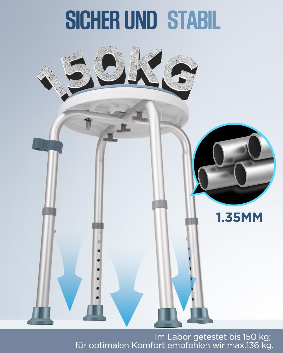 Runder Duschhocker, Duschstuhl für Senioren 150KG Belastbar, Höhenverstellbar 33-52cm, Aluminium Duschsitz, Badestuhl, Badehocker für Badewannen