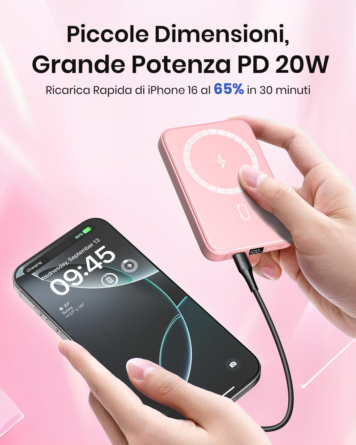 Magnetico-Power-Bank-Wireless-10000mAh - Riapow PD 20W QC 3.0 Ricarica Rapida Powerbank, Caricabatterie Portatile con Ingresso e Uscita USB C e Display LED per IPhone 16/15/14/13/12 (Rosa)