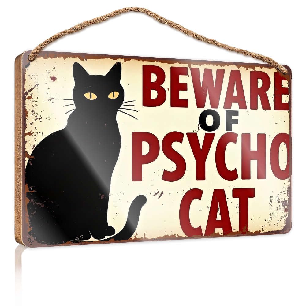 XYBH Plaque For Front Door Beware Of Psycho Cat Wood Plaque Sign Hanging Pantry Sign Decor(15X28CM)