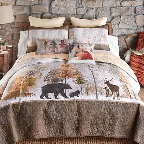 Black Forest Decor Mountain Morning Bear Quilt Bed Set - Queen, Rustic Bear & Forest Cabin Bedding - 90" x 90"
