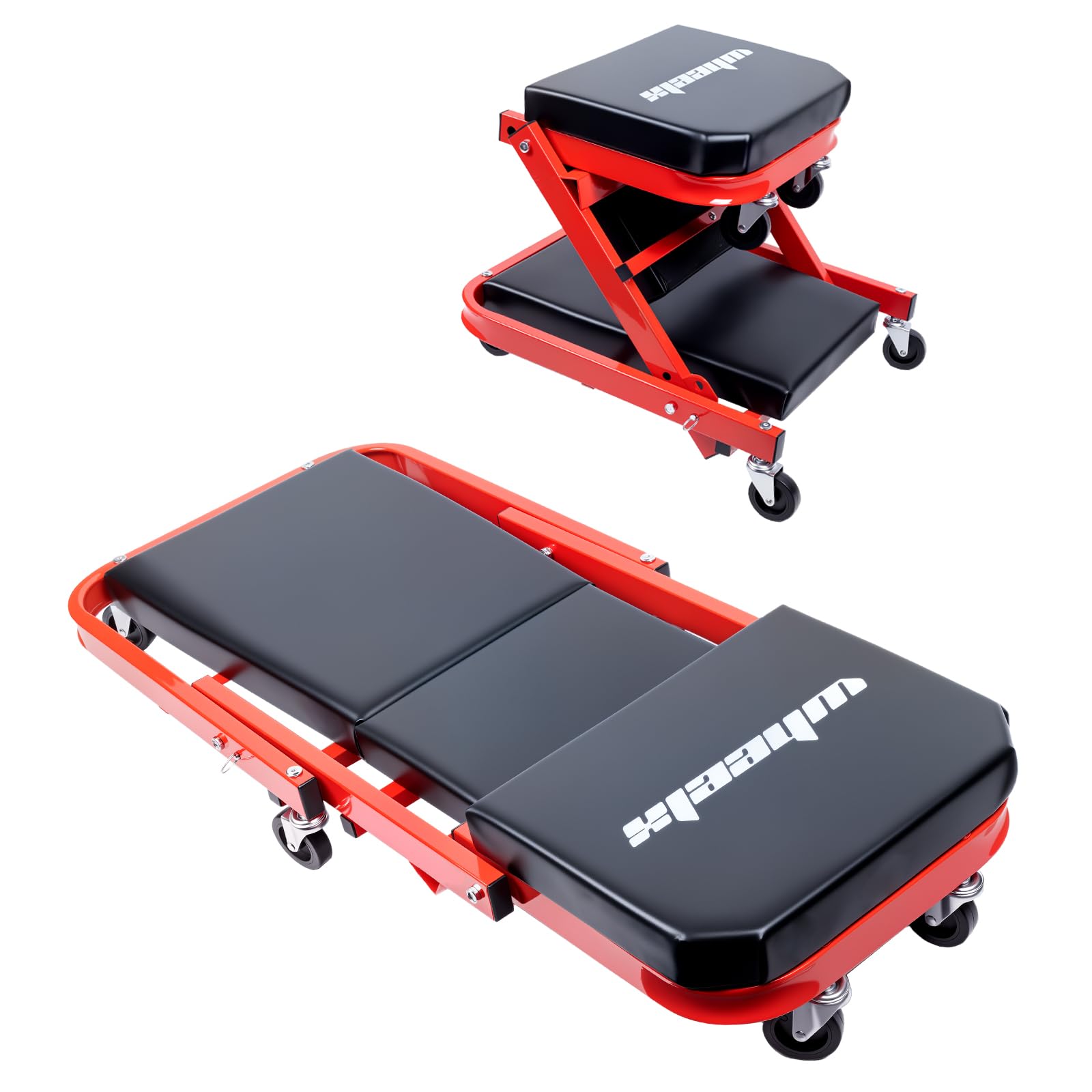 Mechanic Creeper 40inches 2-in-1 Z Seat 480lbs Capacity, Foldable Garage Chair Adjustable Rolling Folding with 6pcs Wheels Roller, Lay Down Sit Lean Back, Under Car Shop Auto Repair, Man Gift