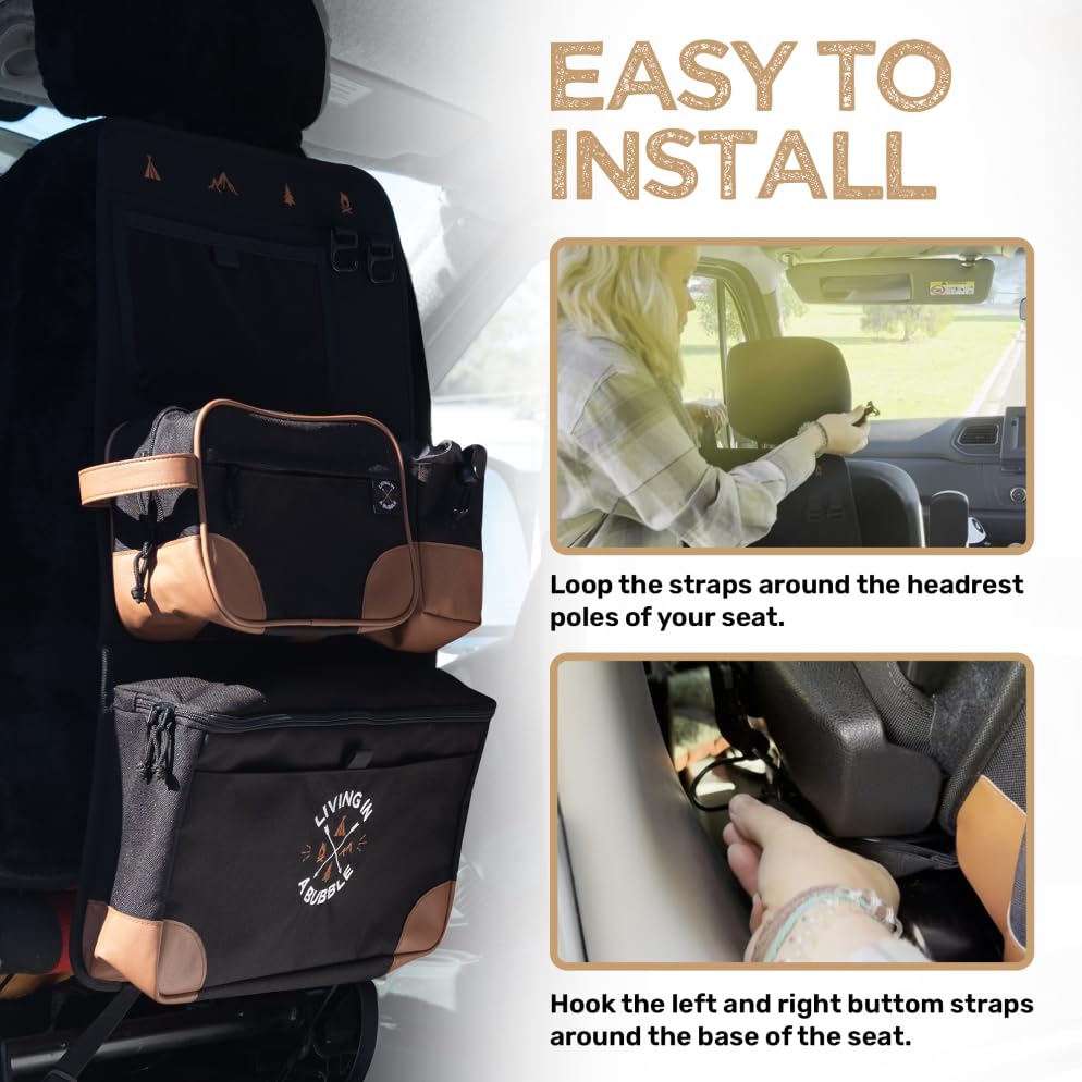 Image of Living in a Bubble Seat back Organizer - Magnetic Toiletry and Cooler Pouch, Cordura Car Backseat Storage with Device Holder & Hooks, Multi-Compartment Utility Bag for Campervans & Family Travel