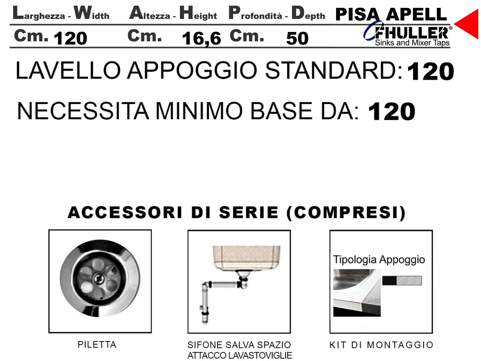 Lavello cucina appoggio Apell mod.Pisa acciaio Inox,cm.120x50, 2 vasche a destra