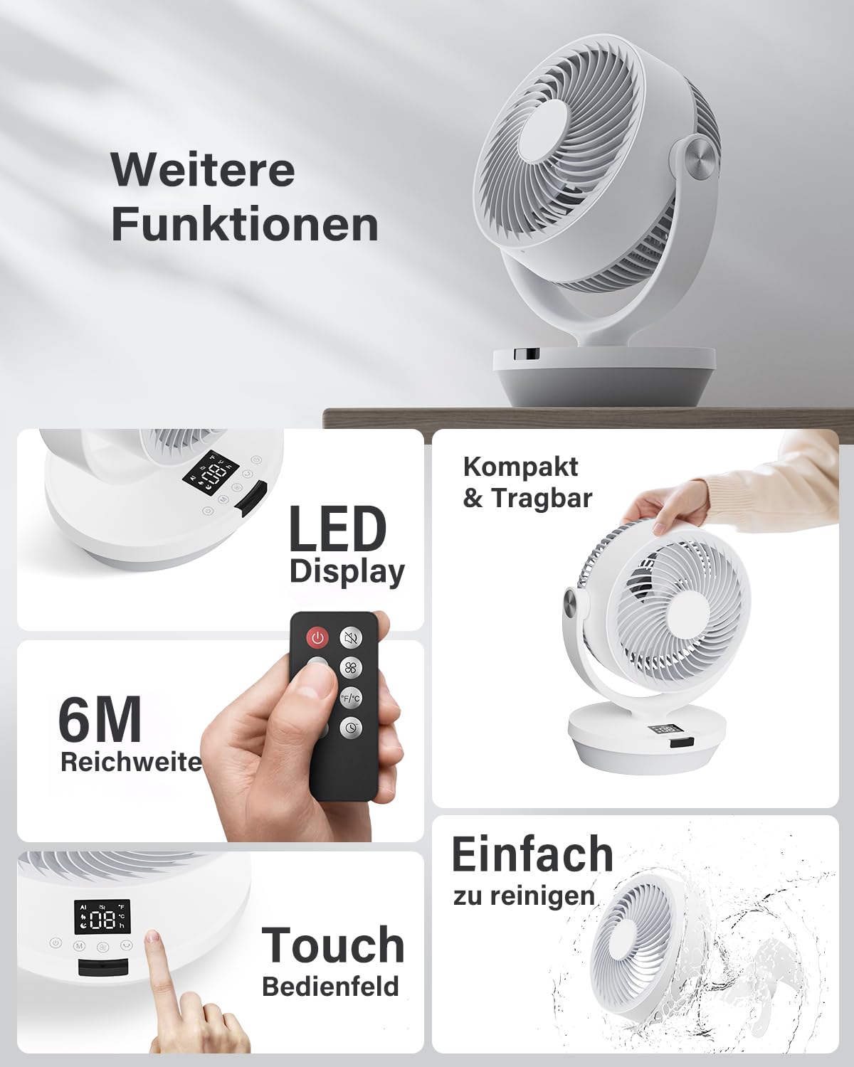 Tischventilator Leise für Schlafzimmer Büro 25dB, 33CM Ventilator mit Fernbedienung, Turbo Luftzirkulator, 120° vertikal manuell + 90° oszillierender, 4 Geschwindigkeitsstufen, 4 Modi, 12H Timer