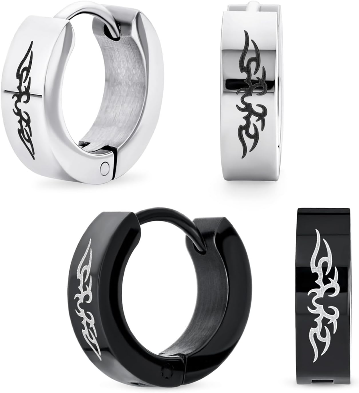 Set of Two Biker Jewelry Small Spiritual Guardian Angel Wings Black Huggie Hoop Kpop Earrings For Men Or Women Teens Silver Black IP Plated Silver Tone Stainless Steel