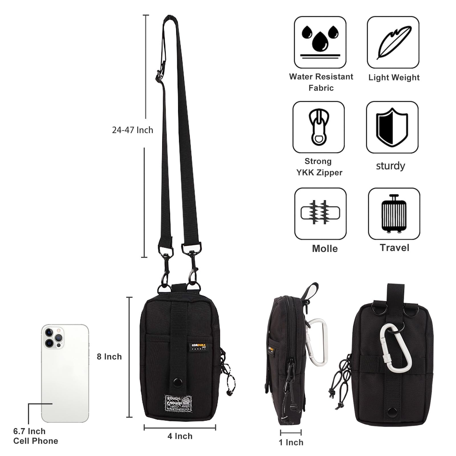 Rough Enough Small Crossbody Bag Man Purse for Men Cell Phone Shoulder Sling Tactical Pouch Black