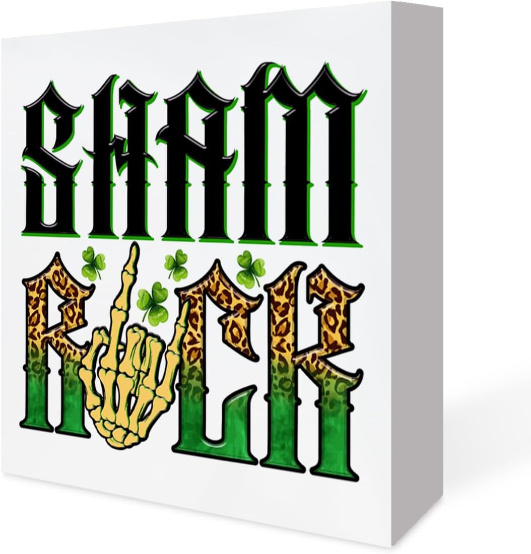 St. Patricks Day Decor, St. Patrick's Shamrock Wood Block Sign, St. Patricks Day Decorations for Home Kitchen Desk Tabletop Shelf 5 x 5 Inches