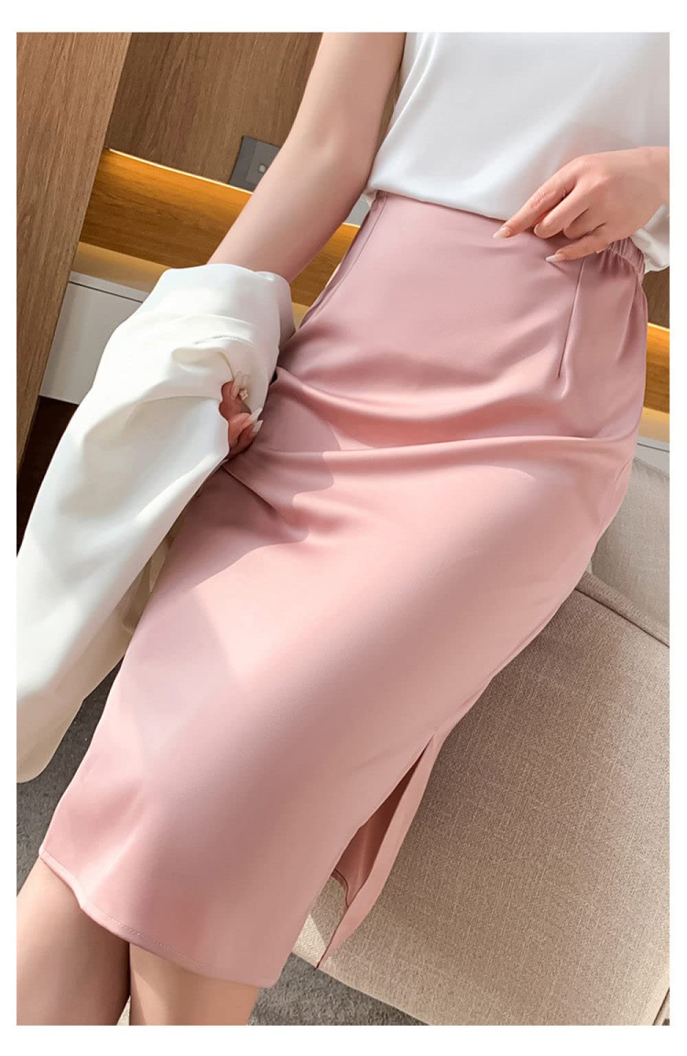 OZEO Röcke Für Damen,Sommer-Satin-Midi-Röcke Für Frauen, Elastische Taille, Rosa Seitenschlitz, Gerader Rock, Hüftumwickelt, A-Linie, Gerafft, Elegantes Büro, Lange Röcke Für Mädchen, Damen,S