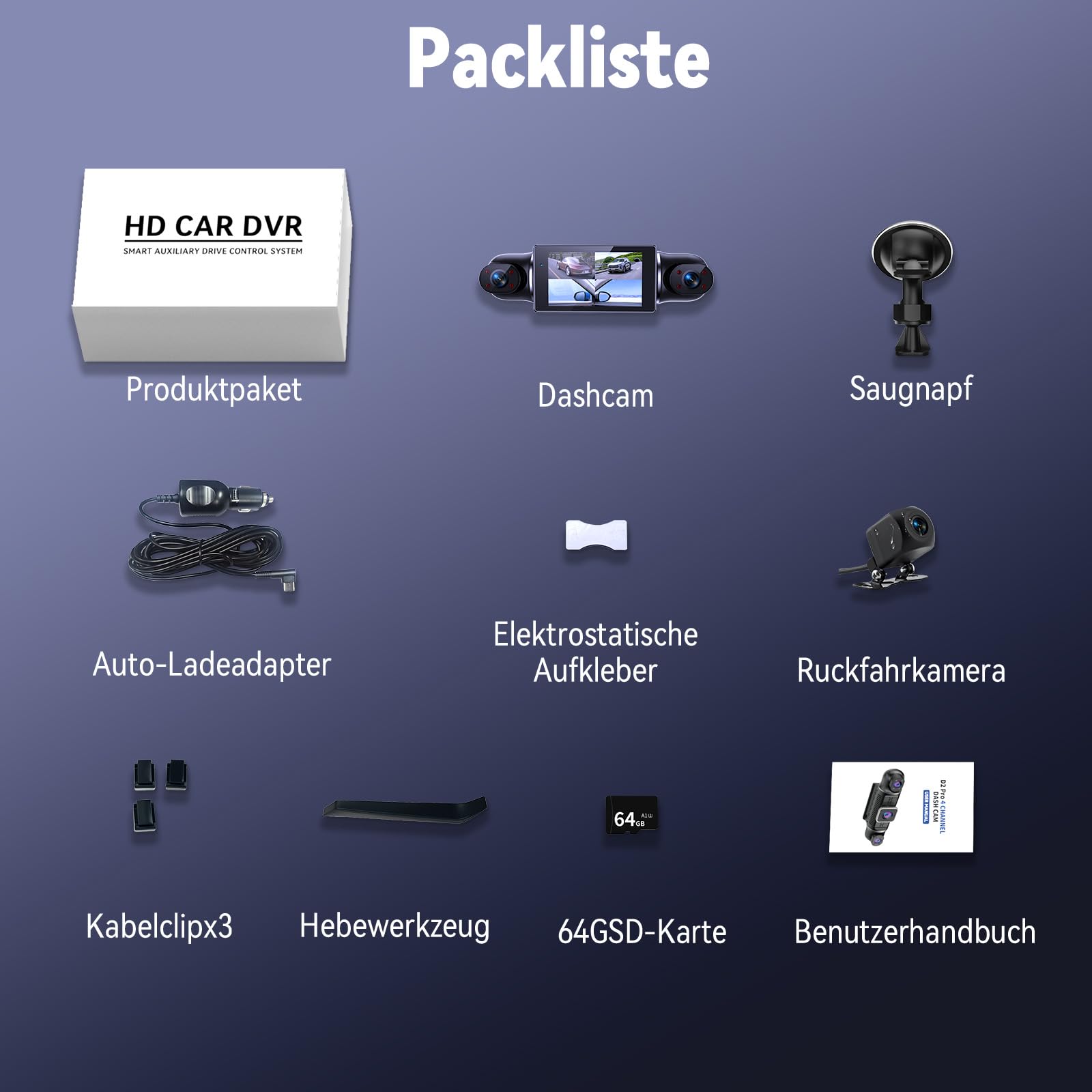 360°Dashcam Auto Vorne Hinten 4 Kanal Dash Cam Auto Kamera FHD 4K+1080Px3,kostenlose 64GB SD-Karte,WDR-Nachtsicht,G-Sensor,4×140° Weitwinkel,3" IPS Display,24/7 Parkmodus,Loop-Aufnahme,App