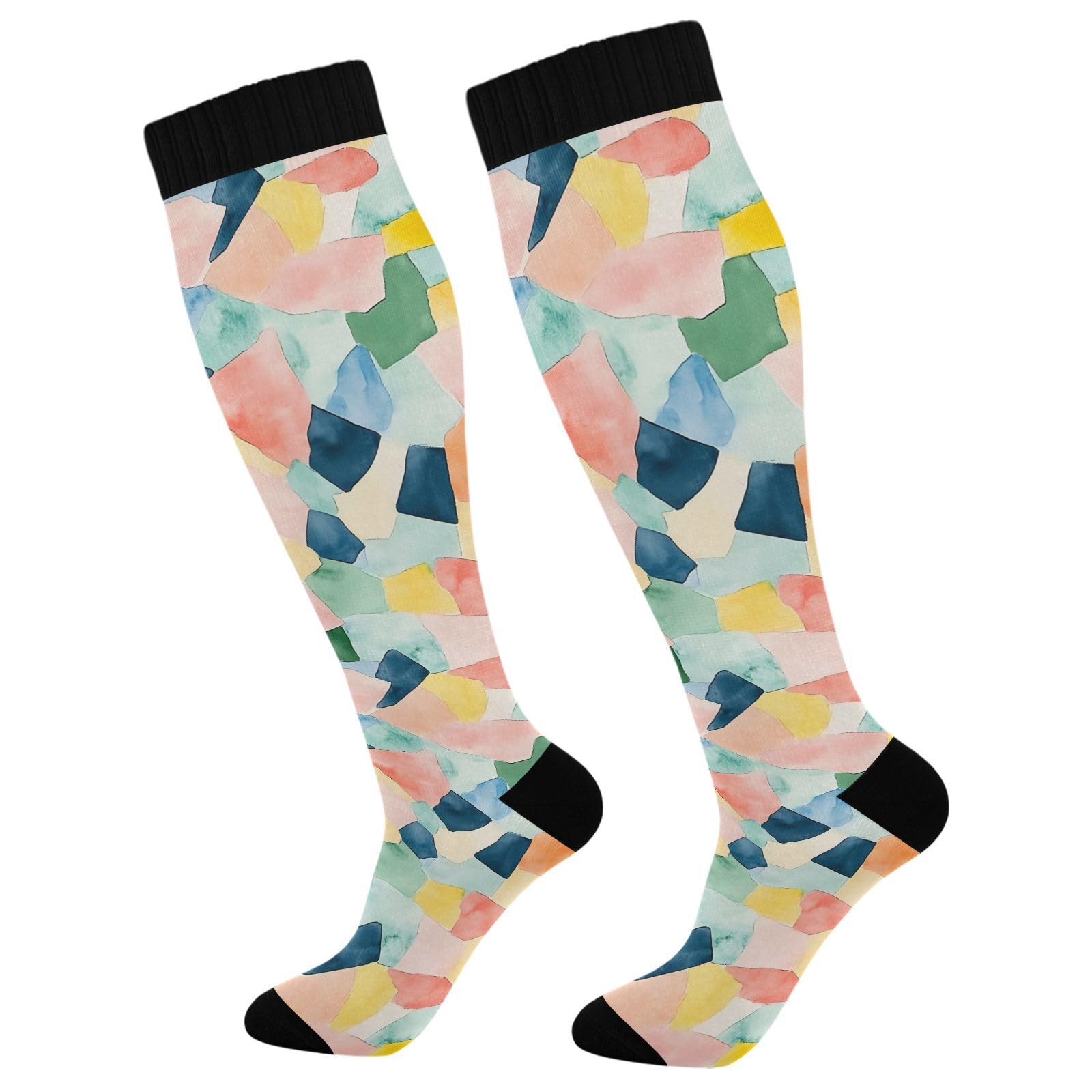 Wassud Pastel Geometric Design Compression Socks for Women and Men 20-30 mmHg Knee High Socks for Nurses Travel 2 Pair