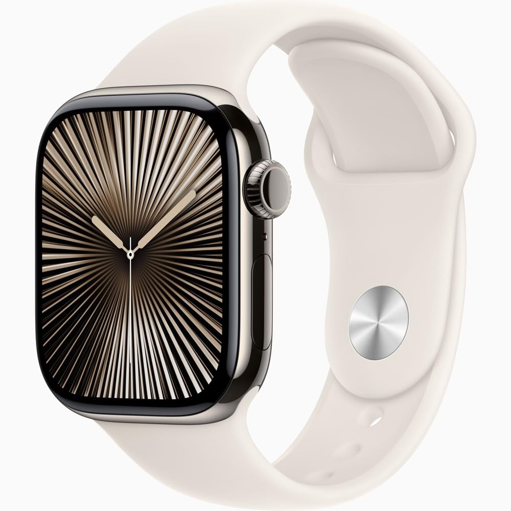 Apple Watch Series 10 [GPS + Cellular, 42mm] - Natural Titanium Case with Starlight Sport Band, S/M (Renewed)