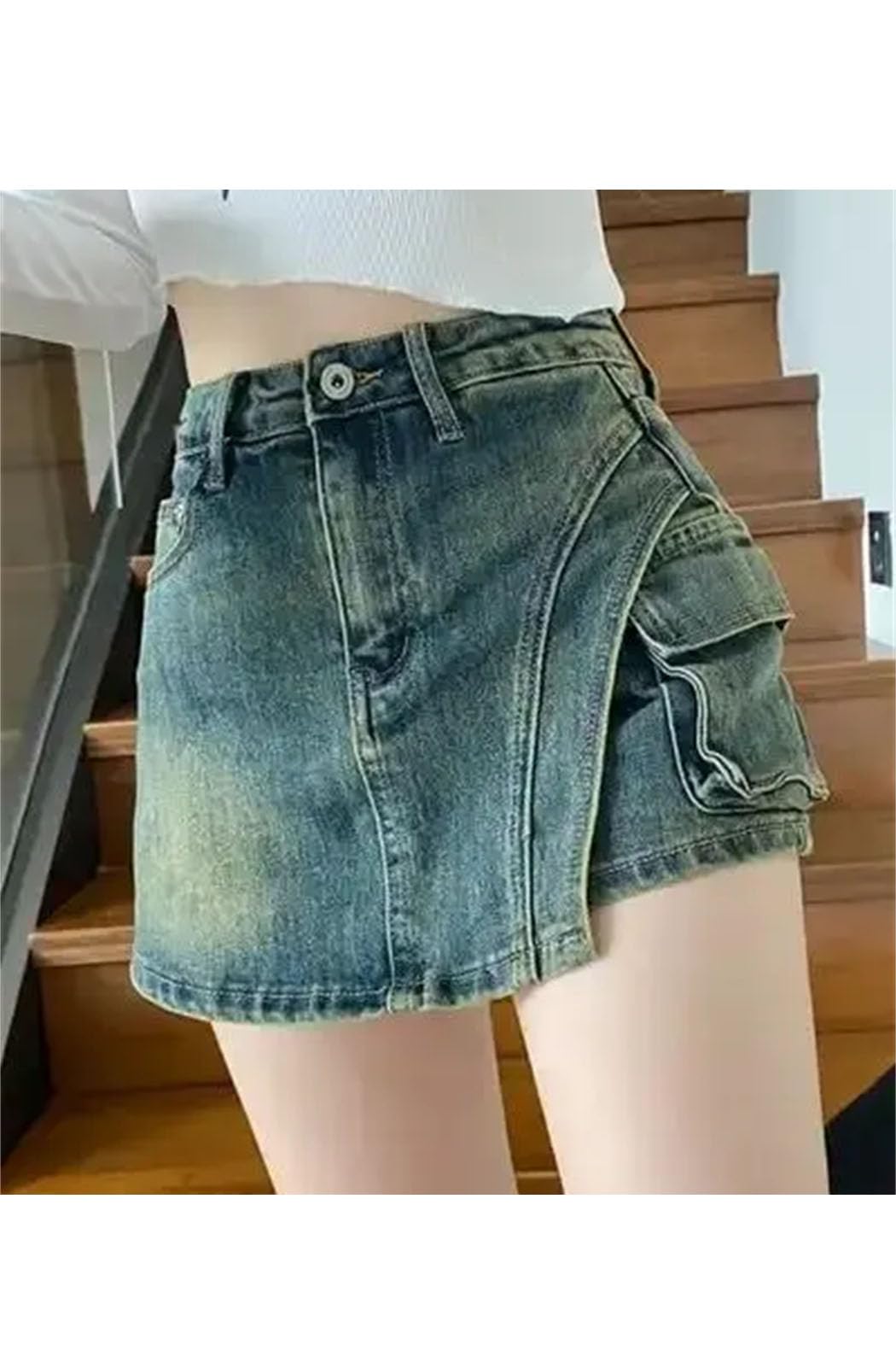 Gonna corta da donna irregolare in denim, estiva, a vita alta, aderente, avvolgente