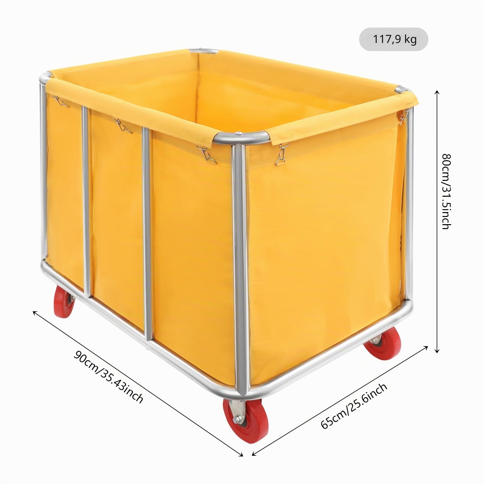 Portabagagli per hotel, servizio lavanderia, uso domestico - Robusto carrello per biancheria in acciaio inox con 4 ruote, capacità di carico 260 libbre, design moderno, giallo, 90 x 65 x 80 cm