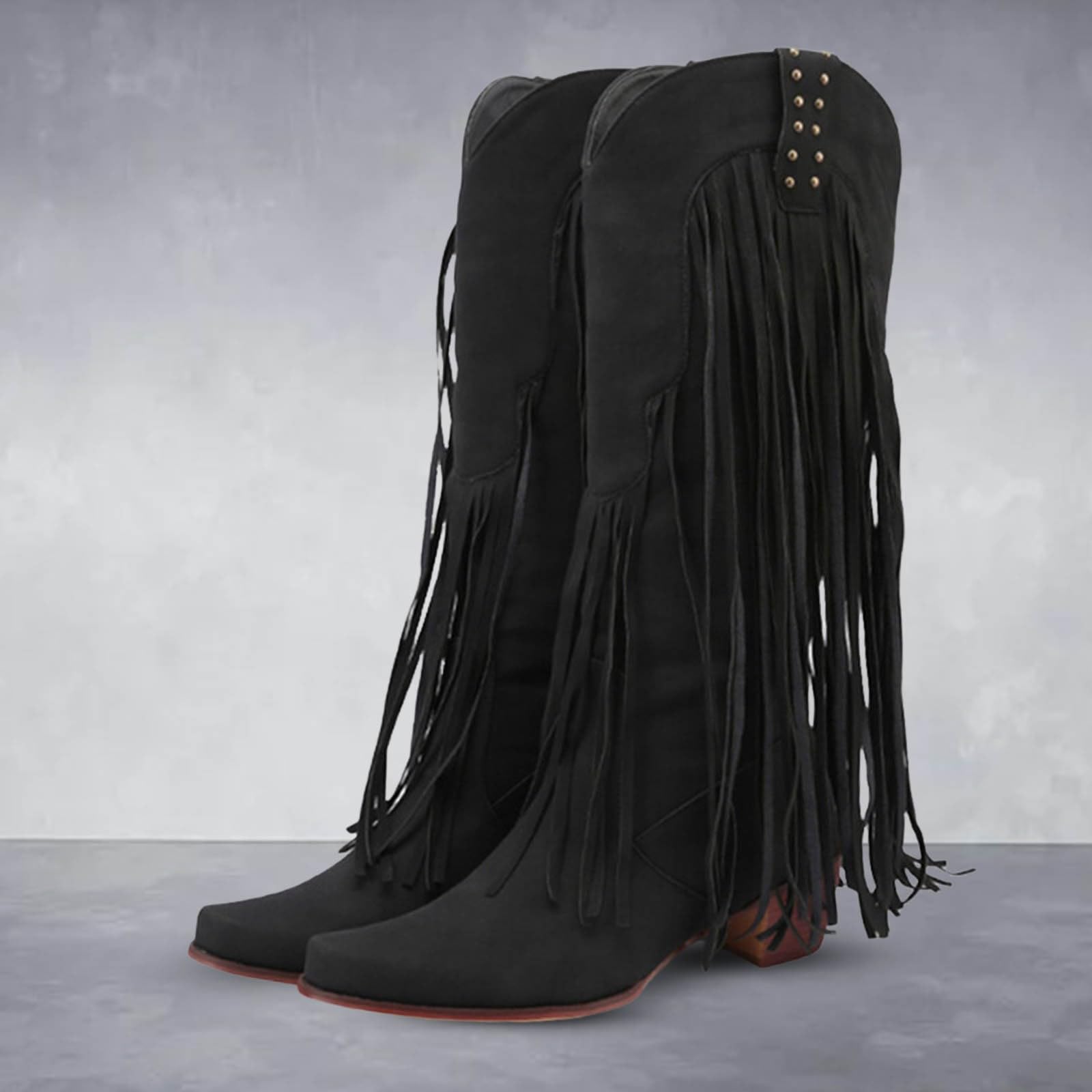 WesternBoots damskie kozaki z frędzlami, obcas blokowy, zamszowe, wysokie do kolan, buty kowbojskie, eleganckie buty z długą cholewką, kozaki zimowe